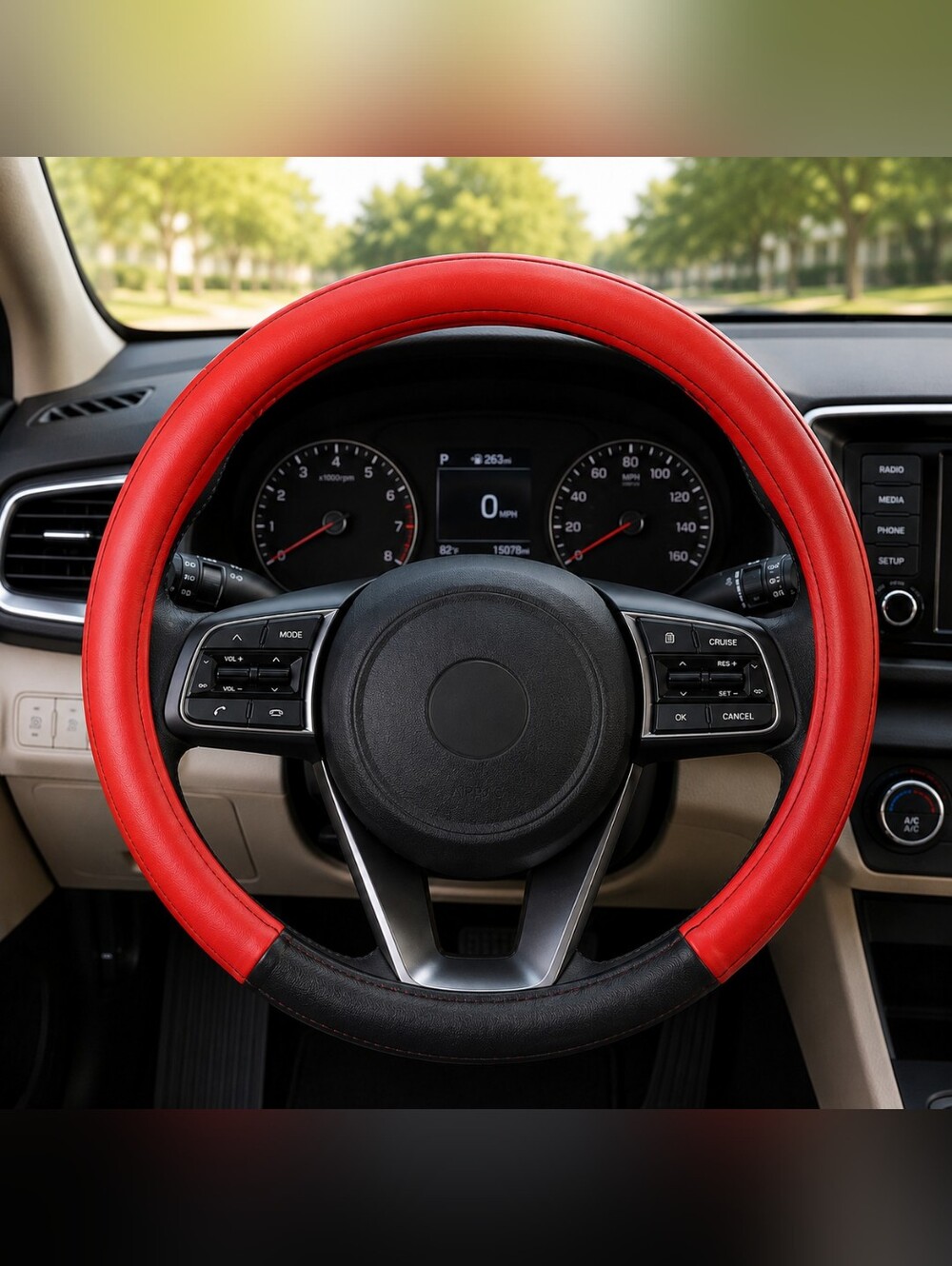 Universal Red & Black PU Leather Steering Wheel Cover Non Slip 15" New Sealed
